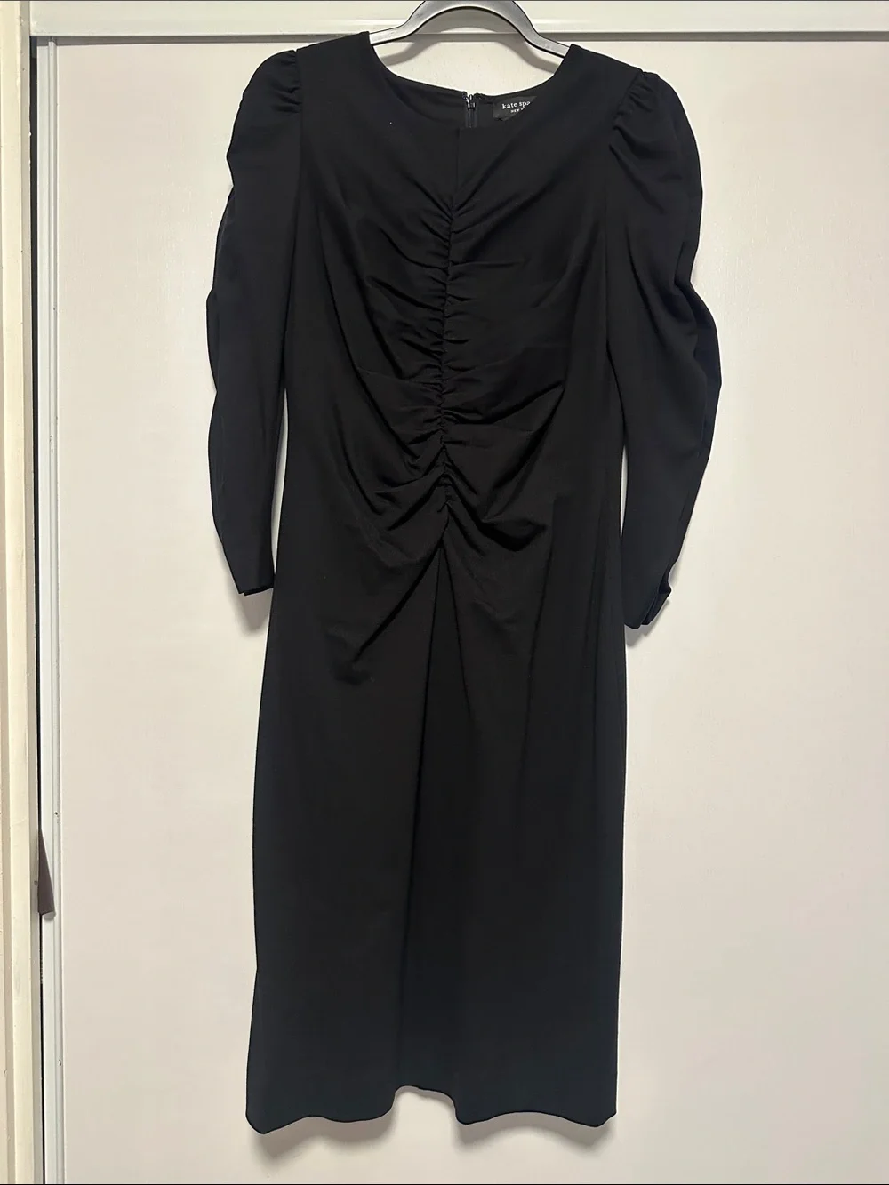 Kate Spade Classic Black Ruched Ponte Midi Dress with 3/4 Sleeve